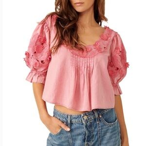 Free People Sophie Floral Appliqué Embroidered Cotton Top